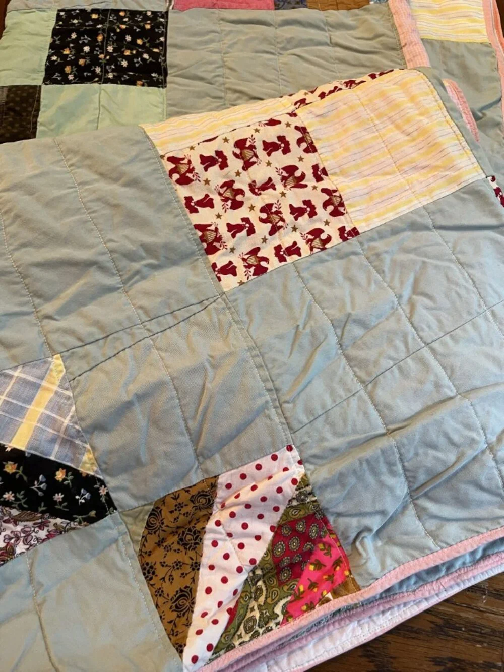 Handmade Vintage Patchwork Quilt With Multi-Color Squares & Pink Trim